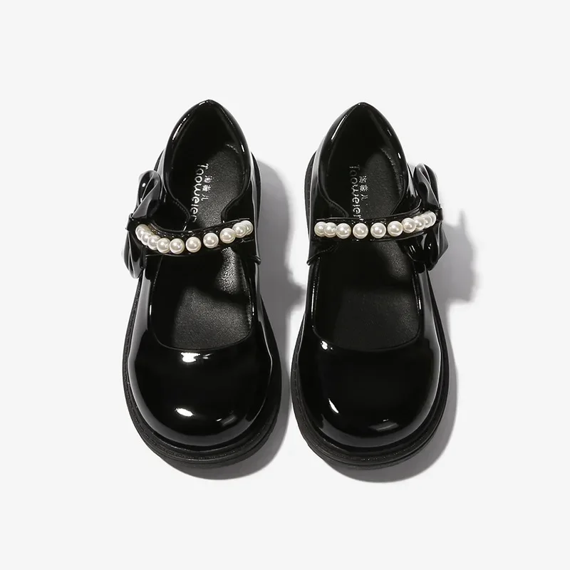 2023 New Children Princess Shoes Fashion Glossy PU Leather Black School Girl Shoes Autumn Winter Bowknot Pearl Kids Single Shoes