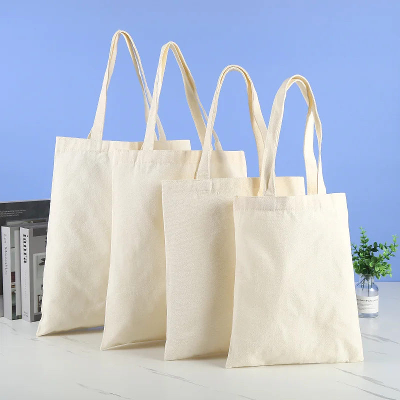 Large Capacity Canvas Shoulder Handbag Folding Eco-Friendly Cotton Tote Bags Reusable DIY Shoulder Bag Grocery Bag Beige White