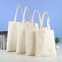 Large Capacity Canvas Shopping Bags Folding Eco-Friendly Cotton Tote Bags Reusable DIY Shoulder Bag Grocery Handbag Beige White