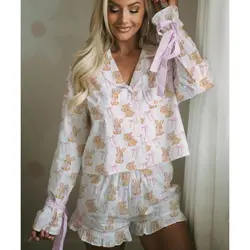 HEZIOWYUN Women's St. Patrick's Day Elements Print Bow Tied Satin Long Sleeve Button-down Crop Shirt Tops +Ruffled Hem Shorts