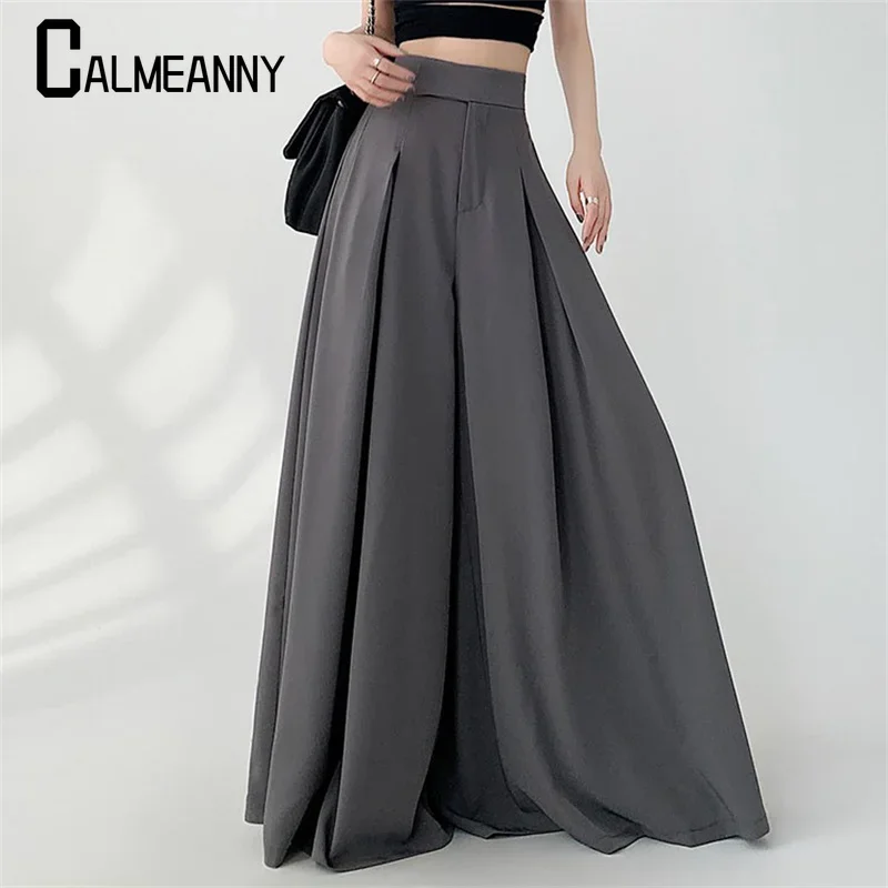 

Women's Pants 2025 Spring Summer Streetwear High Waist Wide Leg Peated Suit Pants Lady Solid Color Loose Full Length Pants