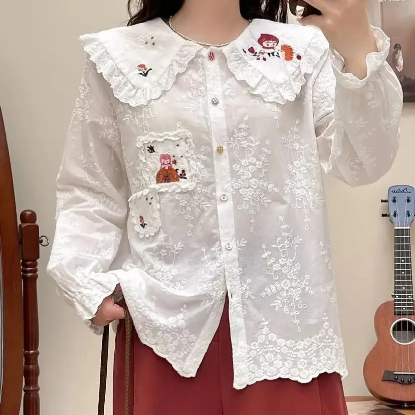 Japan Style Sweet Mori Kei Girls Loose Lace Patchwork Cotton Shirts/Blouses Women Cartoon Embroidery Blouses Tops Female