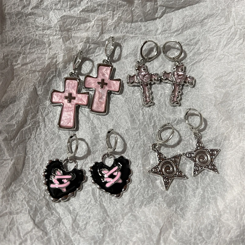 Pendientes cruzados de corazón y estrella de cristal rosa para mujer, moda coreana, pendientes colgantes para Piercing, joyería estética para fiesta