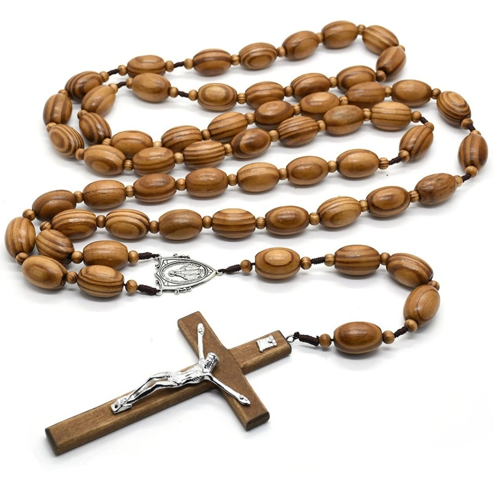 

Oversized Cross Pendants Pine Wood Rice Shaped Wooden Bead Prayer Beads Necklaces Rose Scripture Catholic Gift Wall Hanging