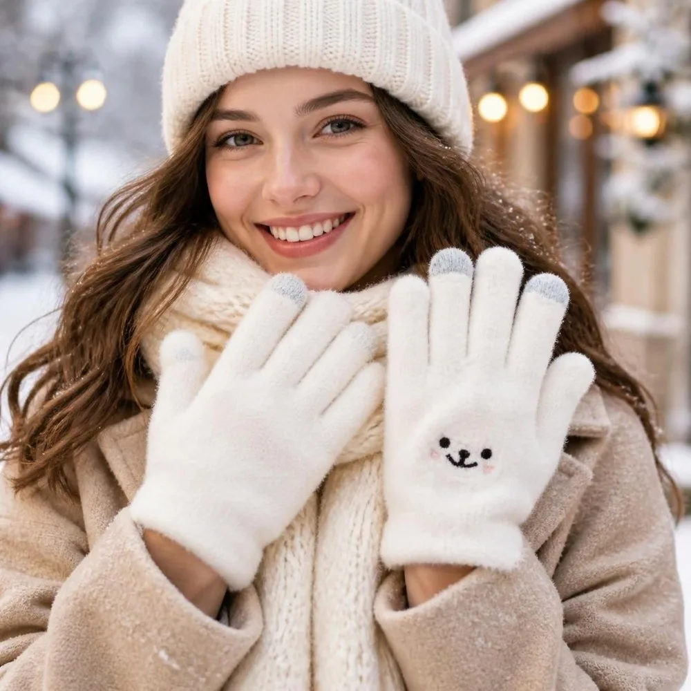 Fashion Warm Winter Knitted Gloves Thickened Fleece Wool Gloves Windproof Full Finger Cycling Gloves for Men Women