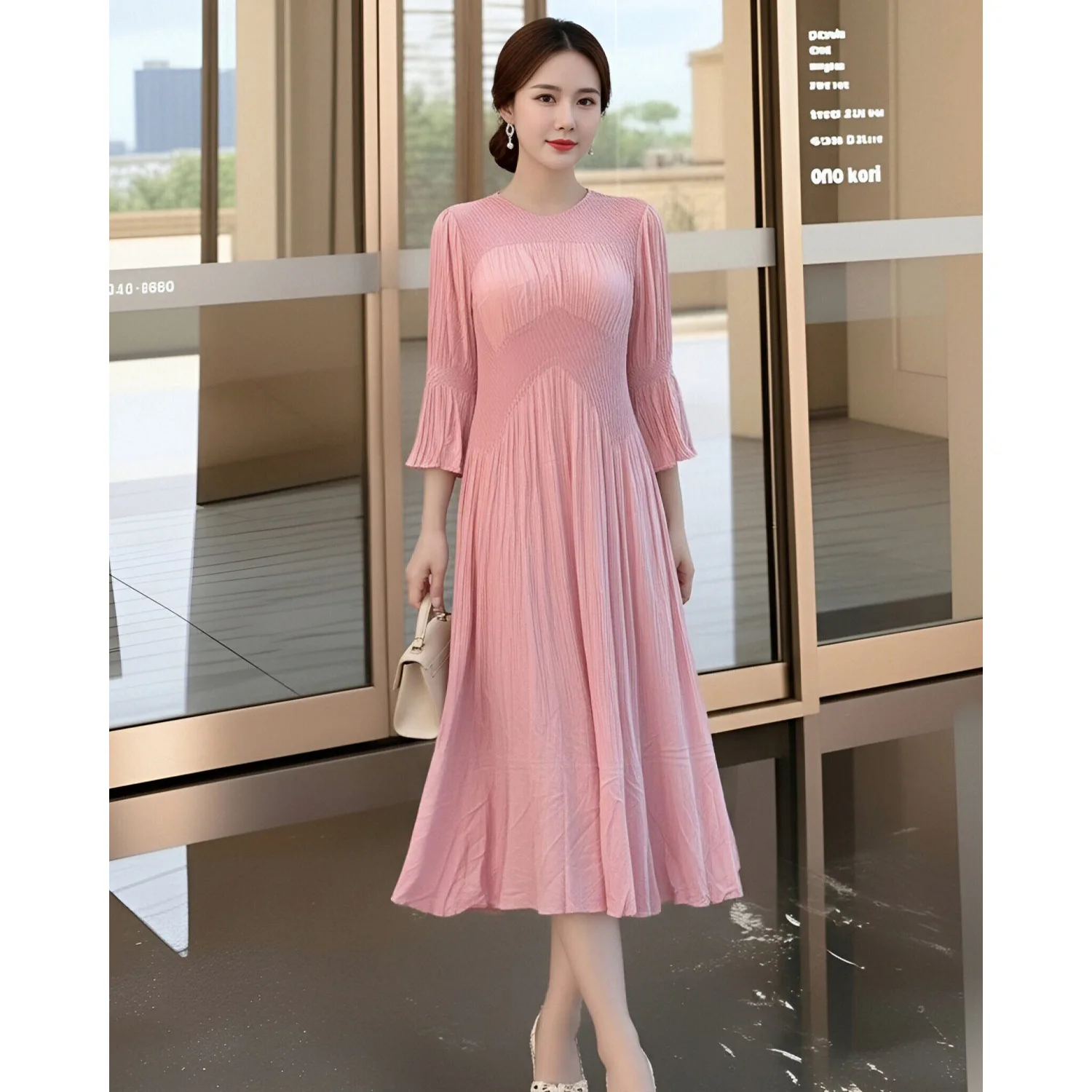 

Miyake Pleated Dress Women's 2026 New Solid Color Round Neck Three-quarter Sleeve Waist Elegant Mid-length Skirt Mother's Wear