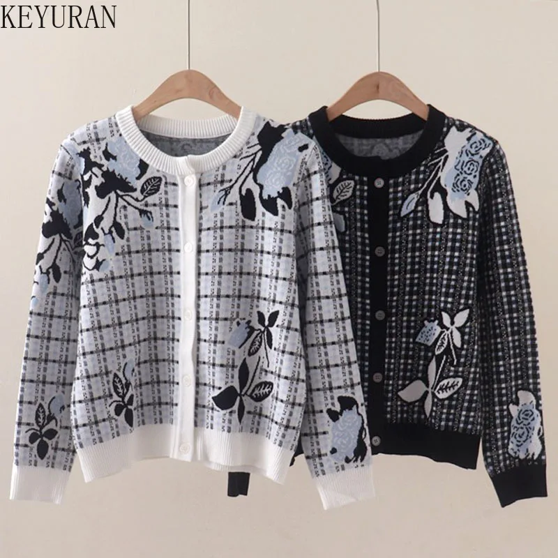 Sweter damski z dzianiny w kratę i kwiaty, elegancki, modny, z okrągłym dekoltem, długi rękaw, dzianinowe topy, kurtki, płaszcze, swetry damskie, 2025