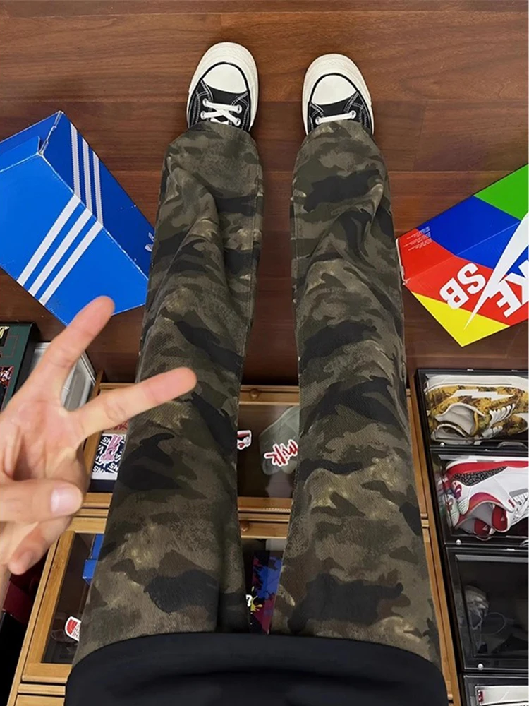 

Американские камуфляжные джинсы High Street Vibe, мужские утягивающие прямые брюки, расклешенный нож, повседневная молодежная мода