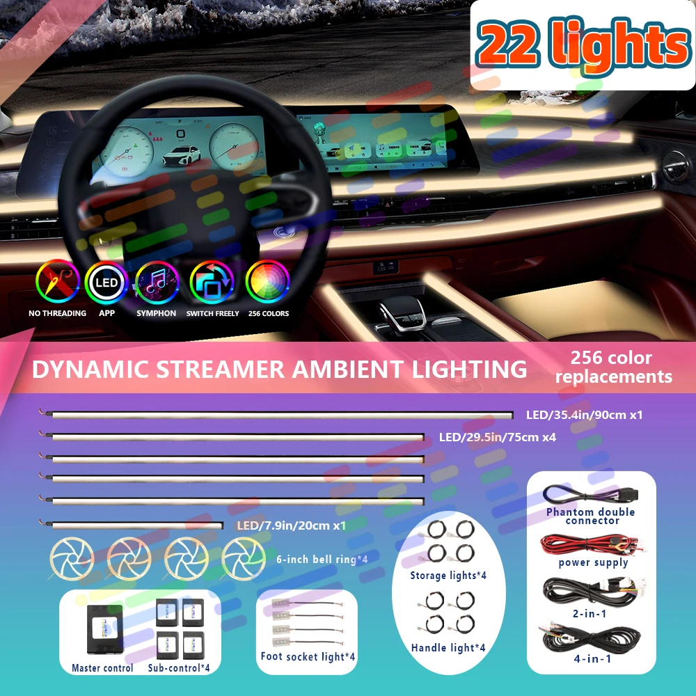 Car Interior Ambient Lights Auto Symphony Atmosphere Acrylic Lamp Strip Colorful Rainbow RGB LED App Control Universal Lighting