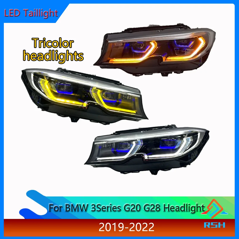 

Трехцветная фара для BMW 3 серии G20 G28, передняя фара в сборе, 2019-2022, обновленная светодиодная DRL белого, желтого, янтарного цвета, лазерная линза