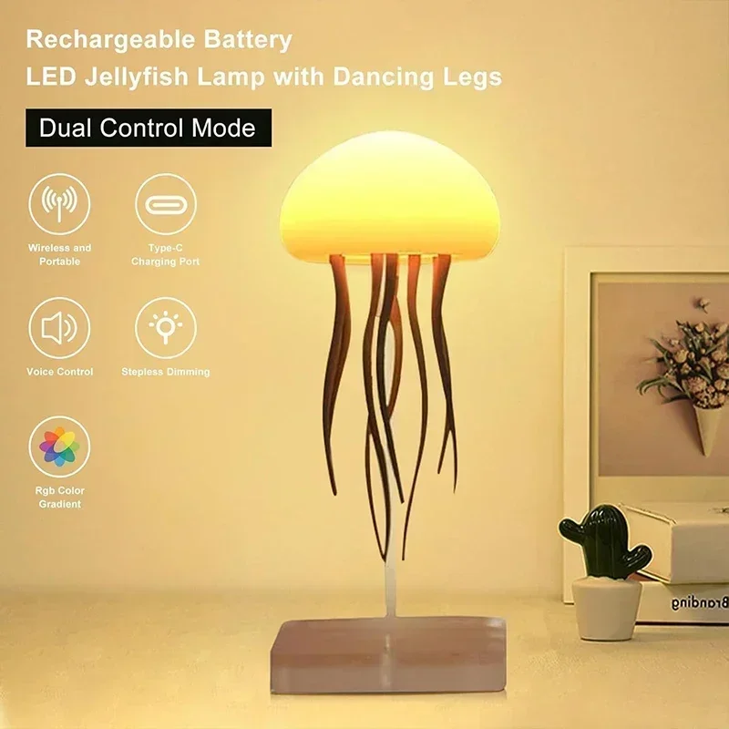 Cartoon Dancing Jellyfish Night Light RGB Gradient Cute Jellyfish Bedside Lamp Voice Control Type-C Charging LED Night Lamp