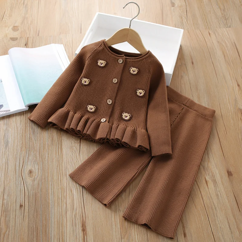 

2024Autumn and Winter New Girls Western Style Cute Cartoon Bear Knitted Cardigan Two-Piece Pants