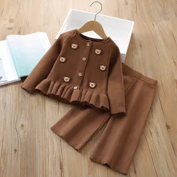 2024Autumn and Winter New Girls Western Style Cute Cartoon Bear Knitted Cardigan Two-Piece Pants