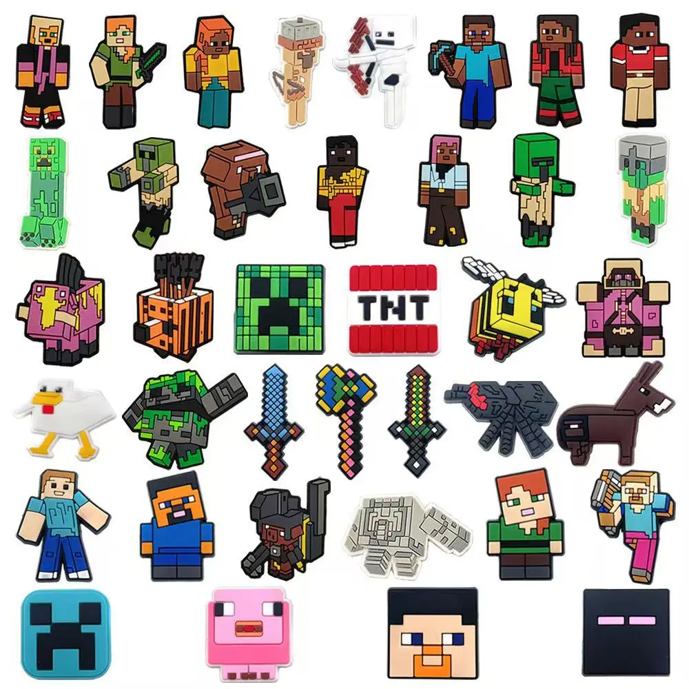 Random 19/38pcs set popular game character Shoe Charms PVC Rubber Figure Decorations Retro Block Game DIY decor for Clog Sandals