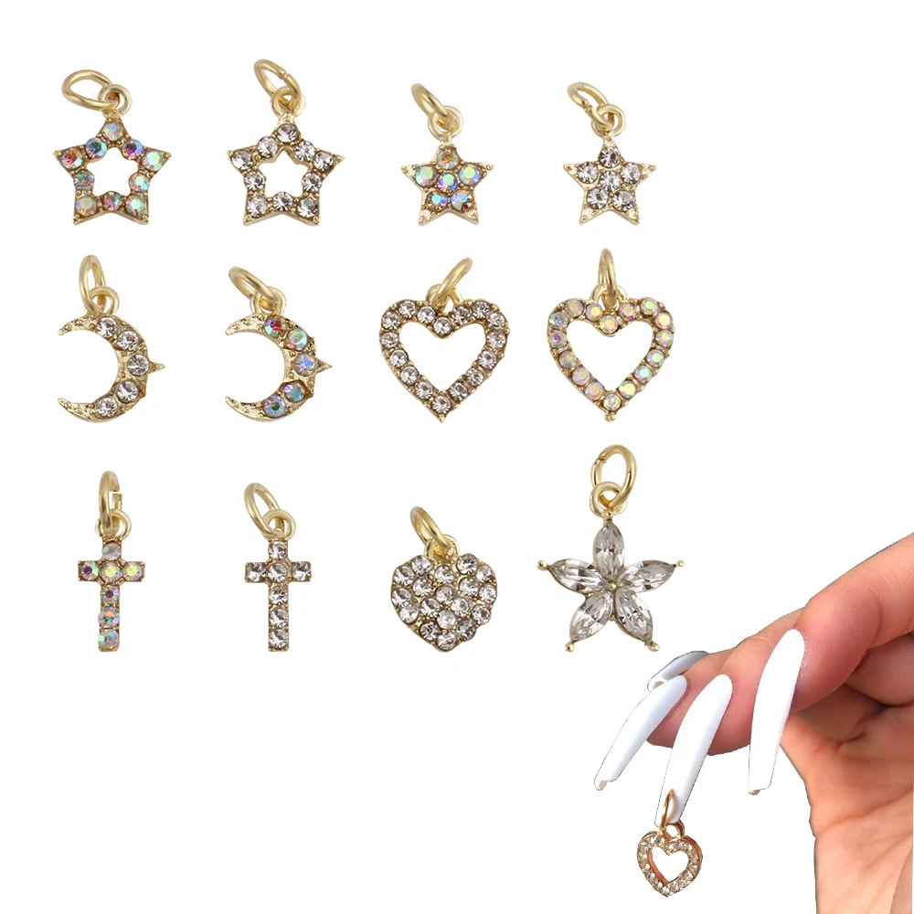 10Pcs Luxurious Hollow Dangle Nail art Charms Golden Star/Heart/Moon /Christian Cross Nail Piercing Jewelry Nail Hoop Pendants#5