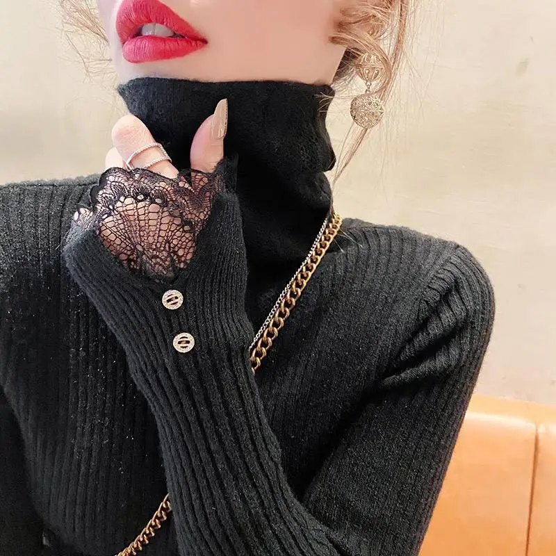 Elegant Turtleneck Spliced Lace Casual Blouse Women\'s Clothing 2022 Autumn New Korean Pullovers All-match Office Lady Shirt