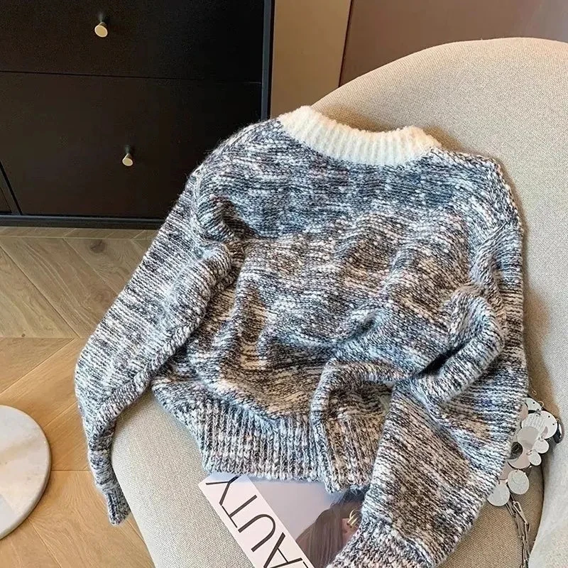 Women Patchwork Knit Cardigan Korean Embroidered Puppy Zip Up Sweater Fall Winter Long Sleeve Preppy Style Casual Warm Coat