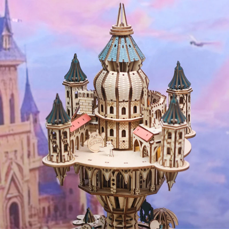 DIY 3D Holzpuzzle Castle in the Sky Spieluhr zusammengebaute Miniaturmodellbausätze Puzzles für Freunde Geburtstagsgeschenke