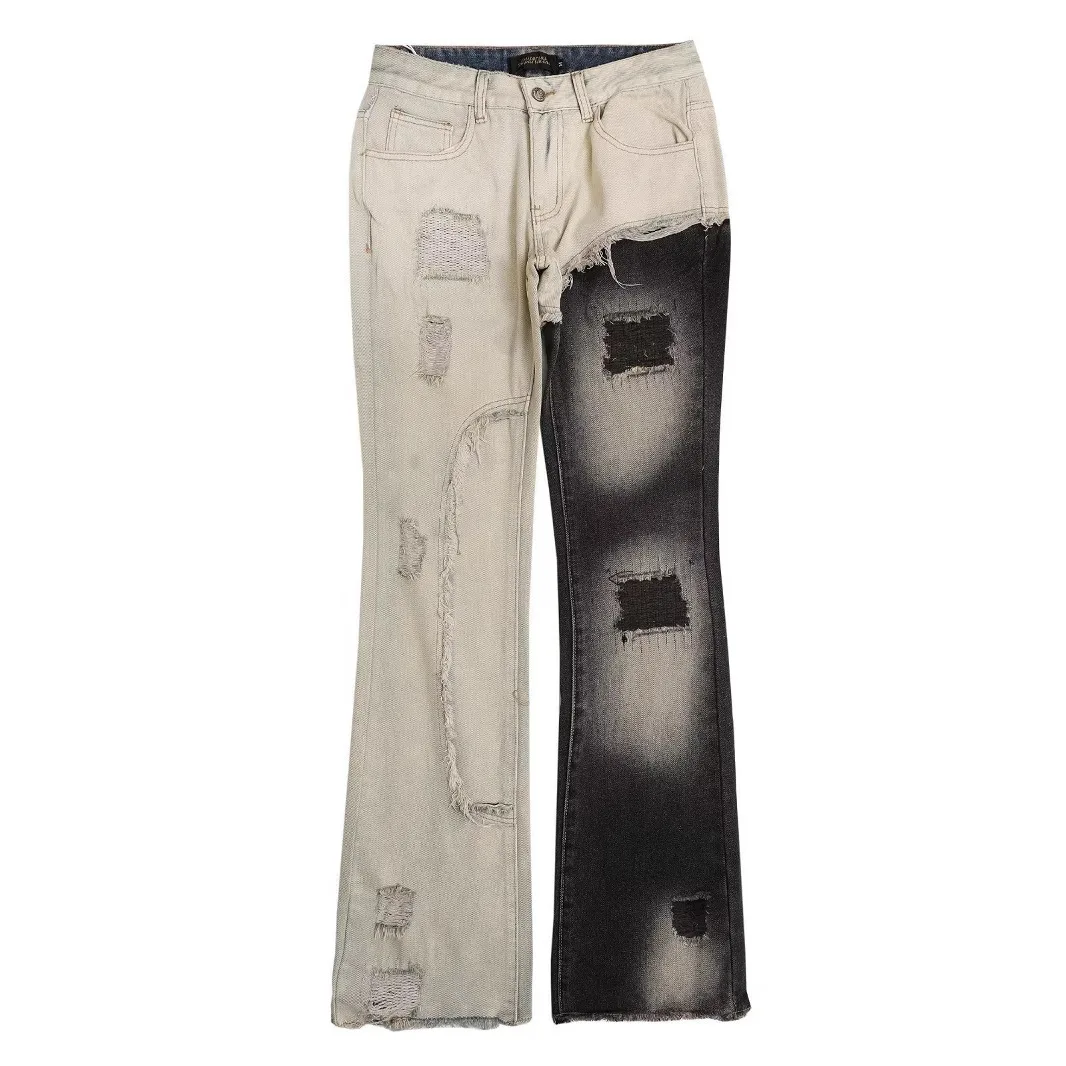 American Trendy High Street Jeans with Frayed Edges, Ripped Holes and Patches, Men's Flared Pants with A Sense of Luxury.