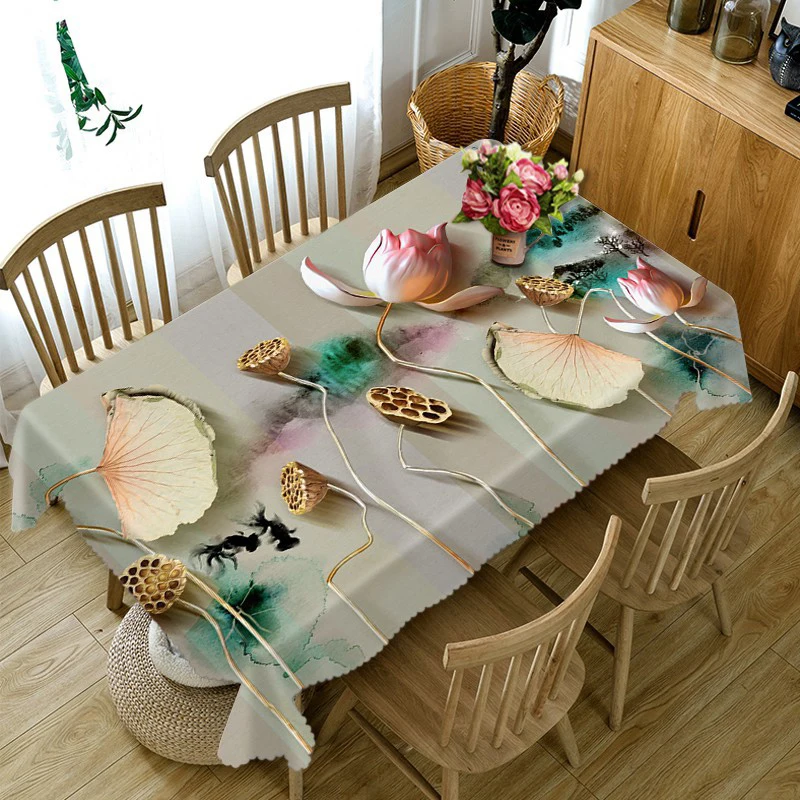 

3d Colorful Lotus Pattern Tablecloth Green Lotus Leaf Flowers Rectangular Table Cloth Home Decor Manteles Nappe De Table