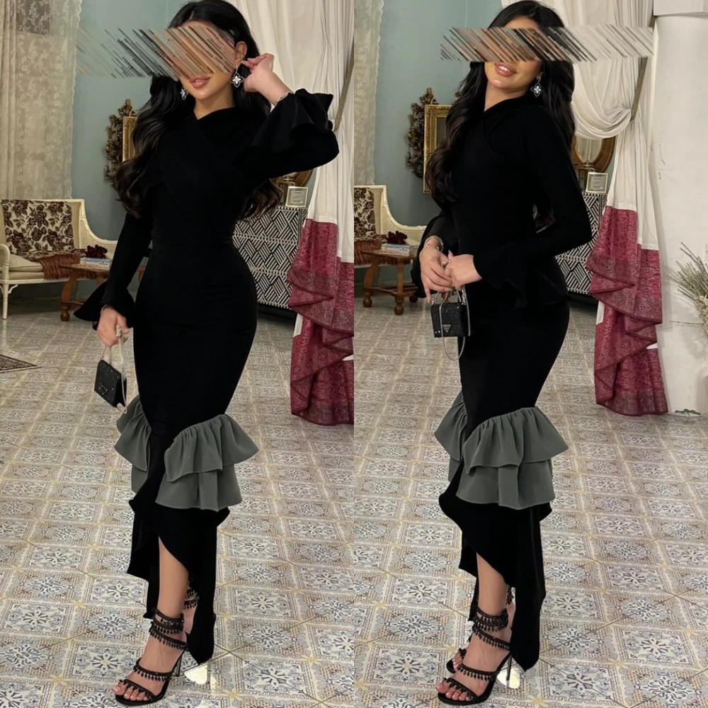 

Customized Luxury Jersey Evening Dress Exquisite Mermaid Prom Dresses Modern Long Sleeves Ruffles Special Occasion Gowns