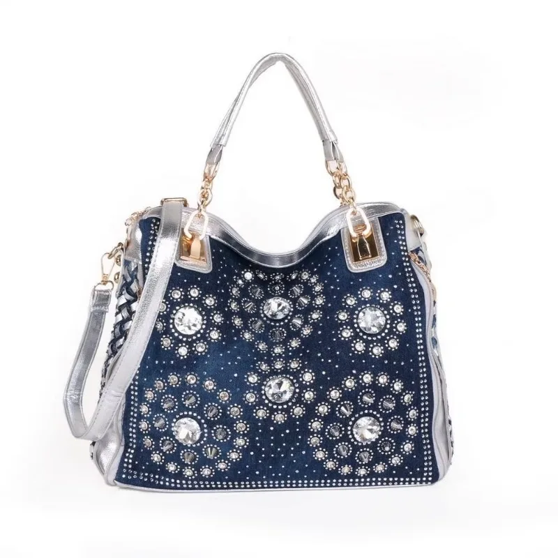 Fashion Denim Shoulder Bag Woven With Rhinestones, Personalized Chain Crossbody Women\'s Bag