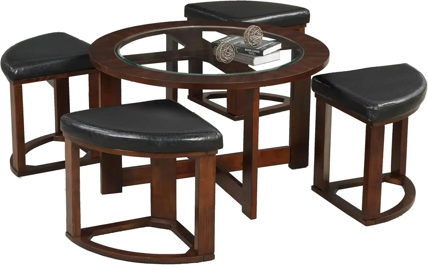 

Cylina Solid Wood Glass Top Round Coffee Table with 4 Stools, Espresso, 36.00 x 36.00 x 19.00 Inches