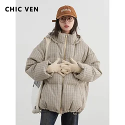 CHIC VEN Women Down Coats Loose New Hooded Plaid Turtle Back Down Jacket 90 White Duck Down Female Bread Coat Winter 2024