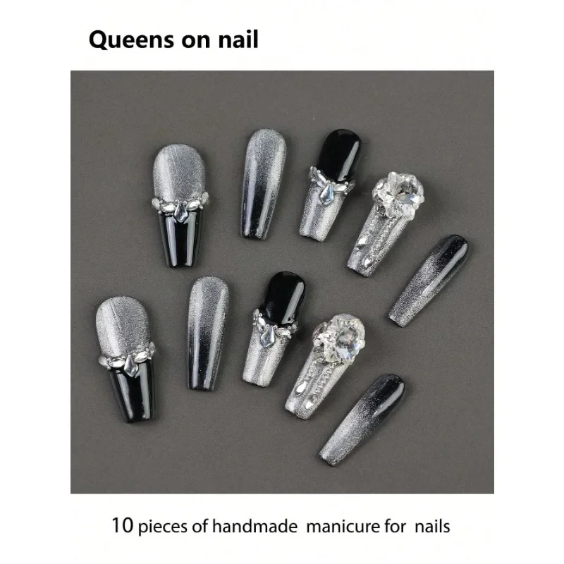 

10 Pieces Handmade press on Nails Art Ballet Style False Nails/Lace Bows/Oversized Love Sparkling Diamonds/Square Diamonds