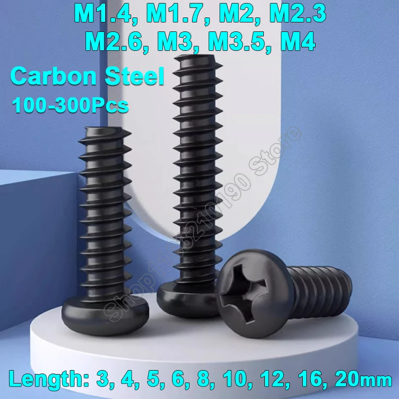 

100-300pcs Black Cross Recessed Phillips Round Head Self-tapping Screw Flat Tail M1.4,M1.7,M2,M2.3,M2.6,M3,M3.5,M4 Small Screws