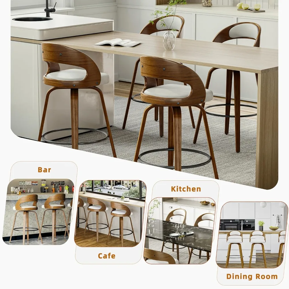 كراسي بار ذات ارتفاع دوار، كراسي بار من الجلد الصناعي مع مسند ظهر وأرجل خشبية صلبة ومسند للقدمين، عداد #4