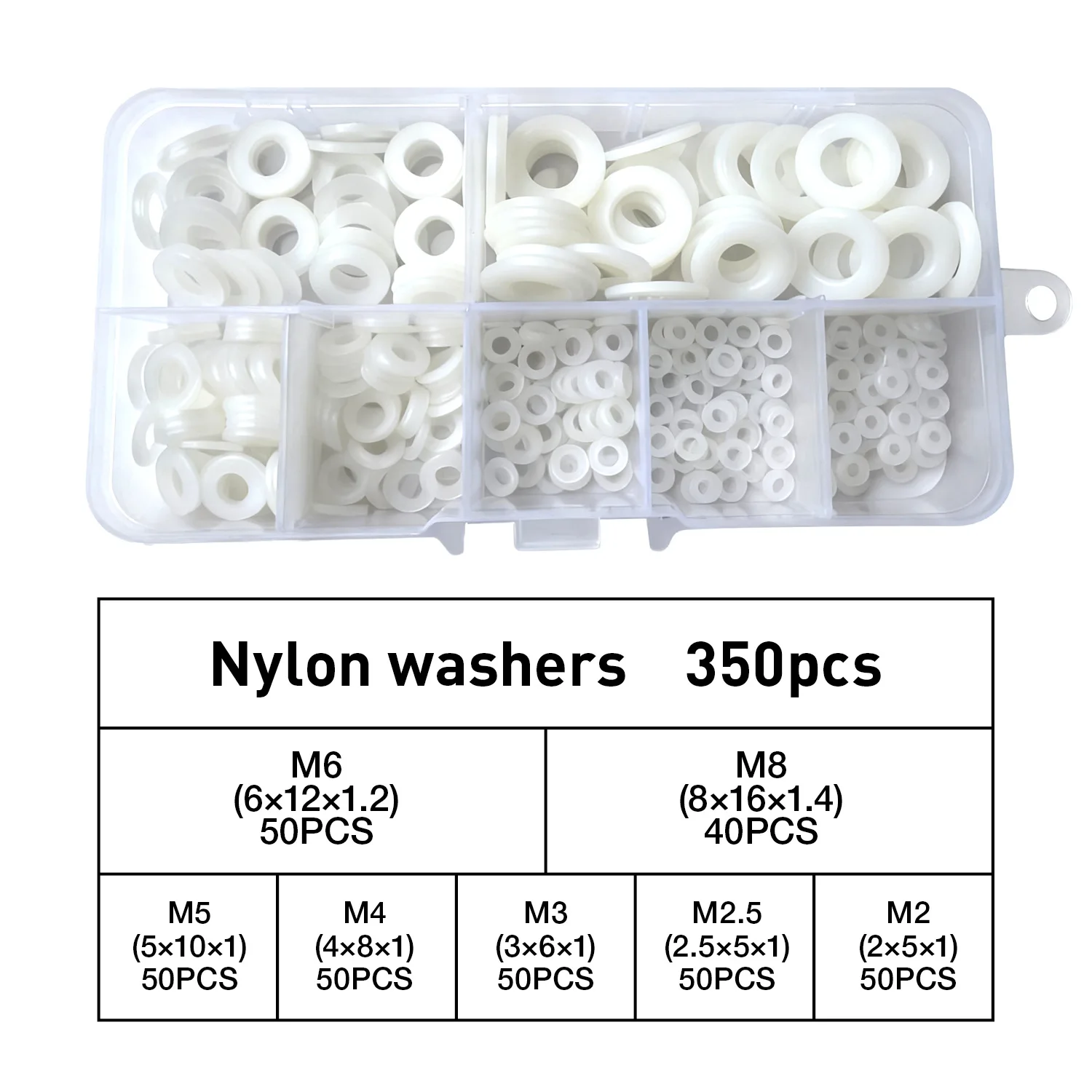 350pcs/500pcs Boxed Plastic Nylon Flat Washer Plain Spacer Insulation Gasket Ring Assortment Kit Set M2 M2.5 M3 M4 M5 M6 M8 M10