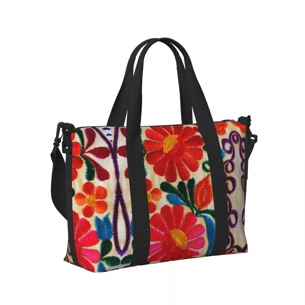 Bolsa tote personalizada com bordado de flores mexicanas para mulheres, grande capacidade, têxtil, floral, folk, praia, academia, viagem