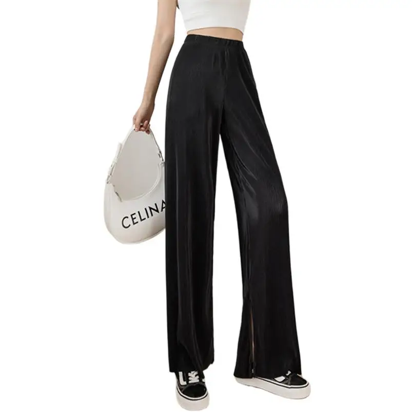 

Women New Fashion 2024 Summer Straight Long Trousers Harajuku Casual Ice Silk Pants Solid 8 Colors Pleated Trousers casual pants