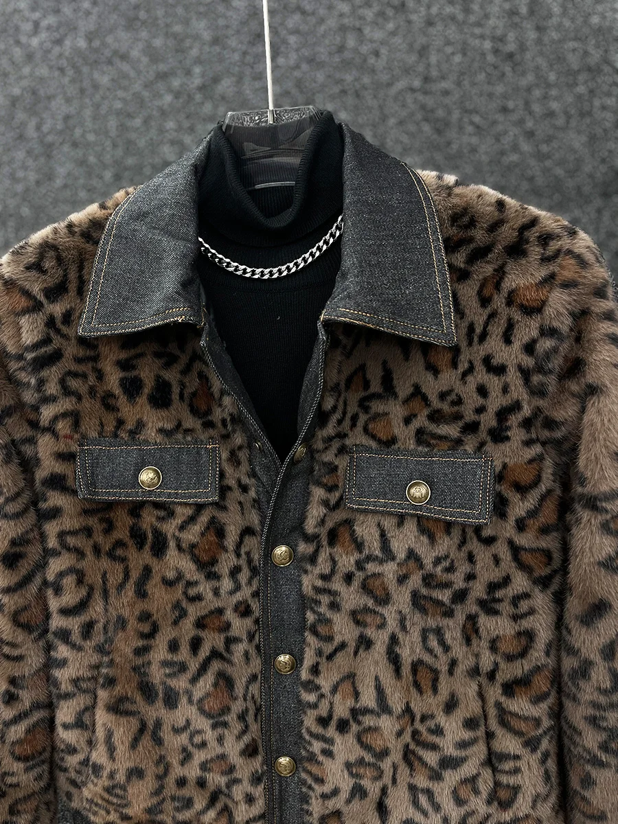 High-end Imitation Mink Hair Small Fragrant Coats Men's 2024 Winter Cotton Retro Denim Splicing Leopard Print Plush Thick Jacket