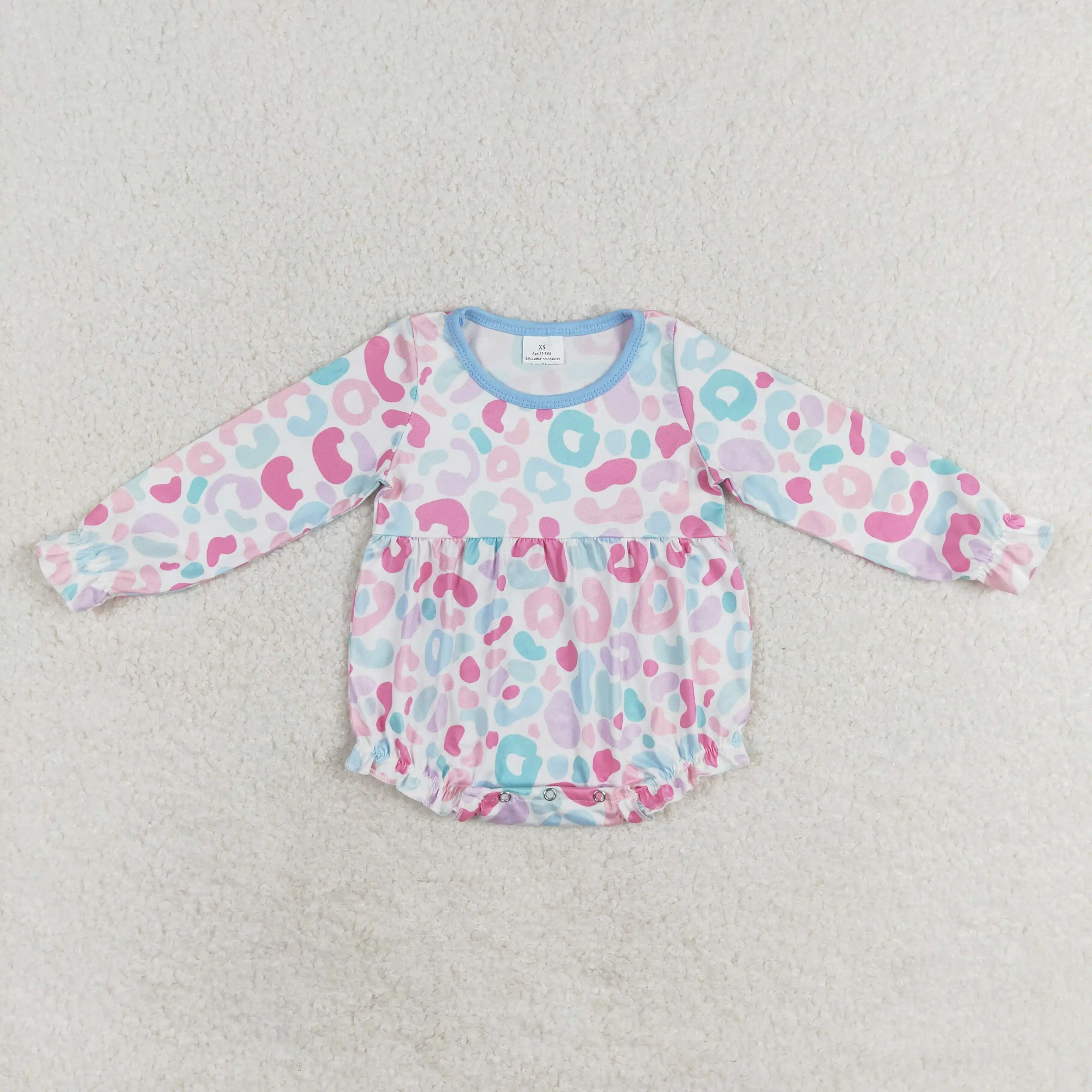 

RTS Baby Girls Pink Blue Leopard Rompers Clothing Infant Boutique Wholesale Fall Long Sleeves Round Neck Romper