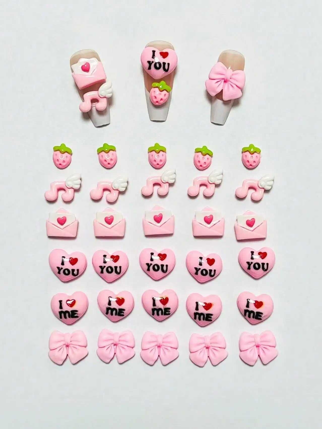 귀엽고 달콤한 로즈 레드 "사랑해" 스톤 보우 해골 모양 음표 봉투 플랫 백 네일 아트 참 DIY 쓰레기 폰 케이스 장식