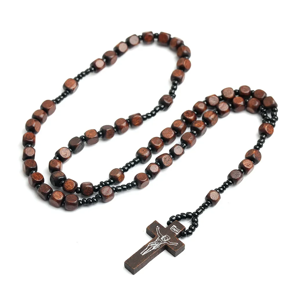 Handmade Square Wooden Rosary Necklace For Women Men Catholic Crucifix Cross Pendant 8MM Bead Chain Prayer Fashion Party Jewelry