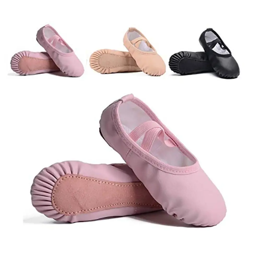 Sepatu balet ringan lembut, sandal balet wanita kulit PU ukuran 32-40, sol penuh bernafas