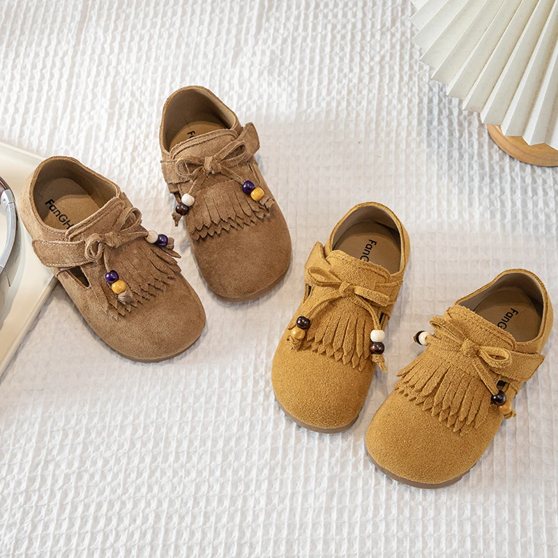 

Autumn Anti-Slippery Kids Suede Shoes for Girls Korean Retro Tassel Colored Beads Soft Bottom Shoes Kids Princess Casual Flats