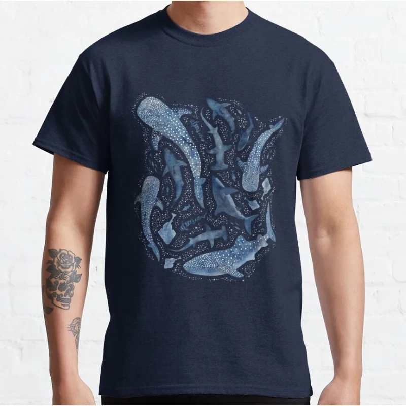 

Monochrome blue watercolour shark Retro sea Shark ocean animal Short-sleeve crewneck T-shirt for men large size Adult Tops S-6xl