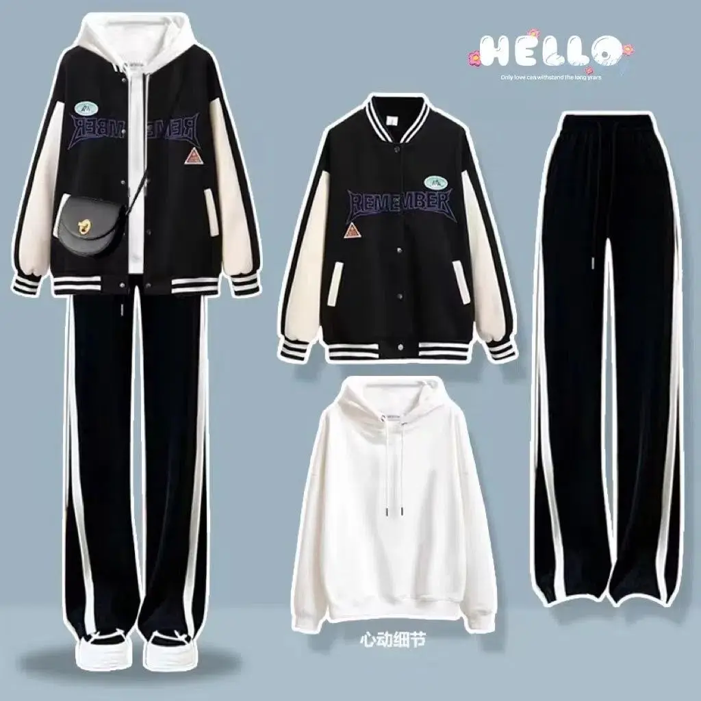 Spring and Autumn Suit Female Student Korean Version Loose Baseball Uniform+casual Pants College Style Three Piece Suit Fashion