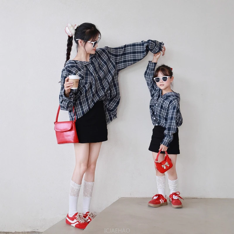 Teen Girl Clothes Korean Style Mother Daughter Outfits Fall New Plaid Lace Hooded Shirt Mommy and Girl Family Couple Clothes