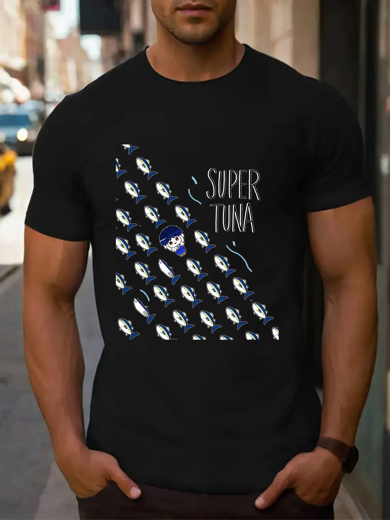 Men's Cotton T-Shirt Super Tuna Cartoon Print Casual Short Sleeve Tee