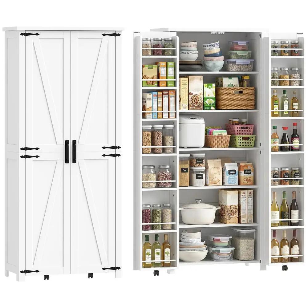 Buffet de cuisine haut de gamme avec portes à roulettes, compartiments et étagères réglables, blanc