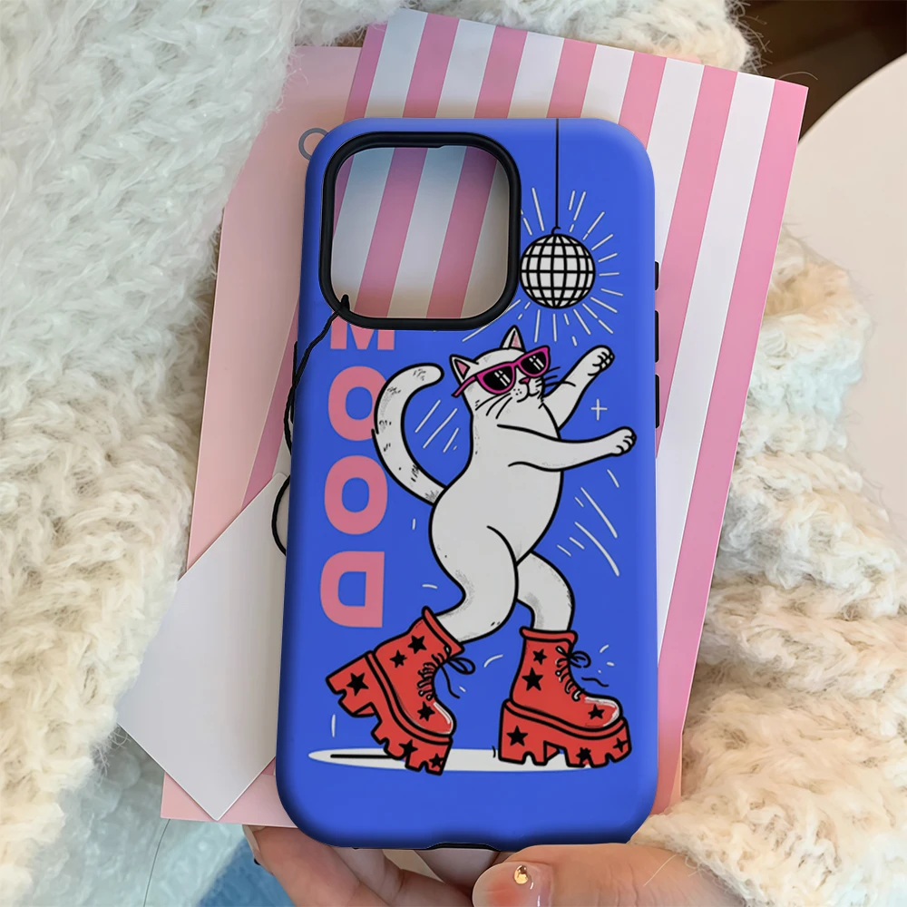 ディスコキャット ムードイラスト iPhone17 必需品 スマホケース iPhone 17 16 15 14 13 12 Pro Max Plus 二層構造背面カバー