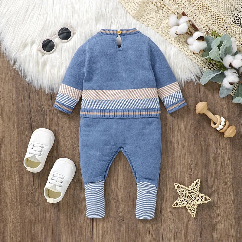 Newborn Baby Romper Knitted Toddler Kid Clothes 0-9M Overalls Pantyhose Infant Girl Boy Jumpsuit Fashion Blue Striped Cute Horse