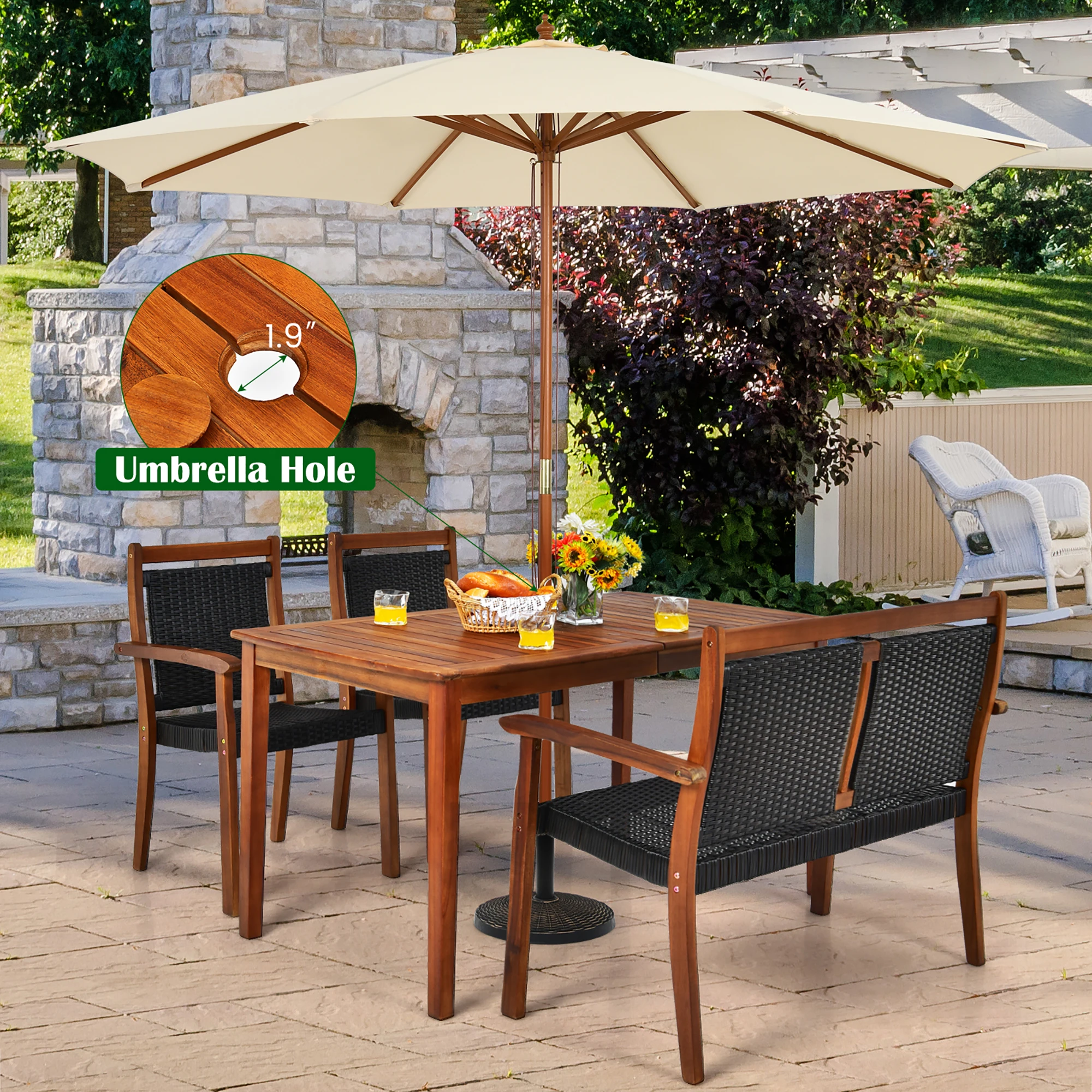 4PCS Patio Rattan Dining Furniture Set Acacia Wood Frame Chair Loveseat