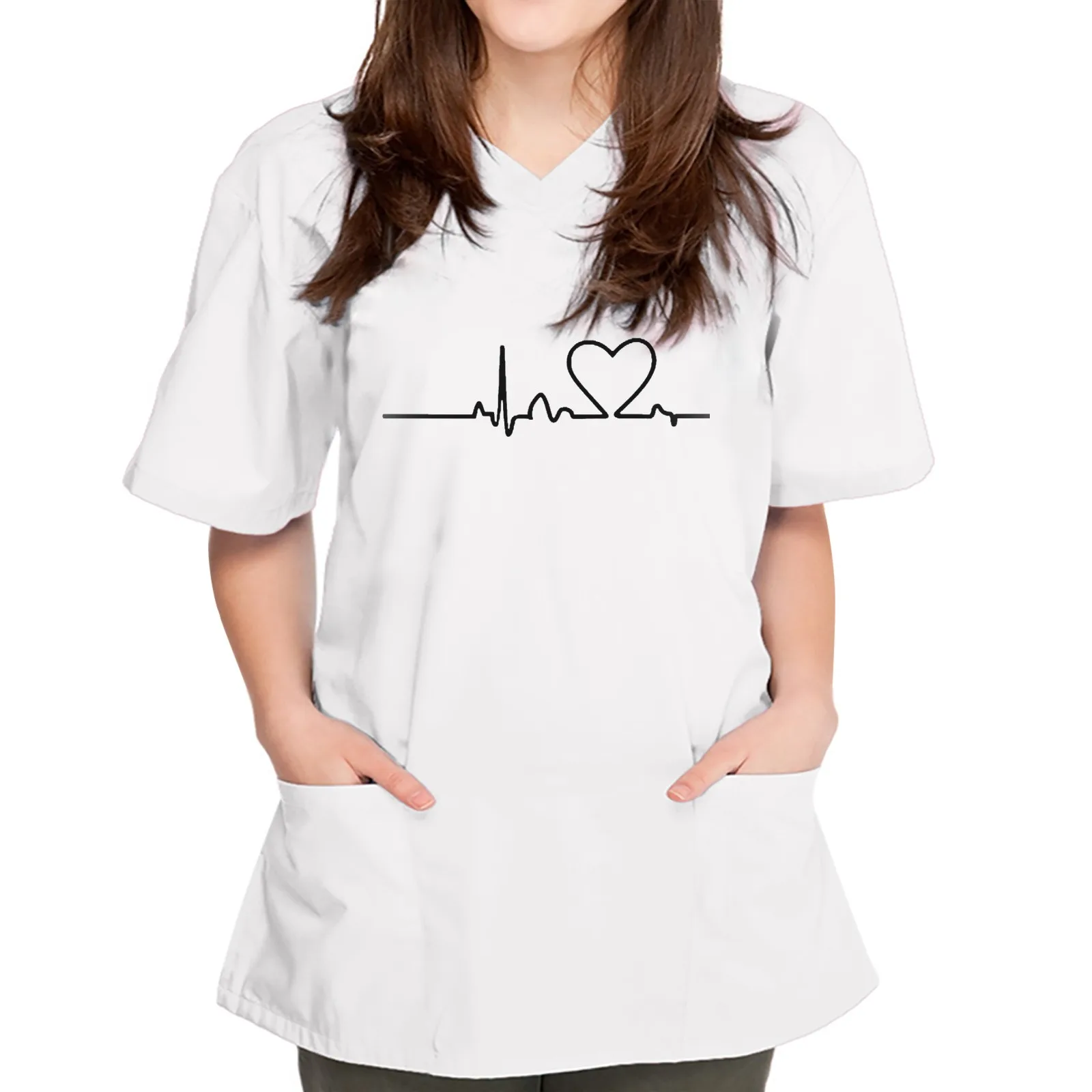 Women Nurse Uniform Scrubs Top Heartbeat Print Short Sleeve Blouse Surgical Nursing Healthcare Workers Workwear Medical Uniform