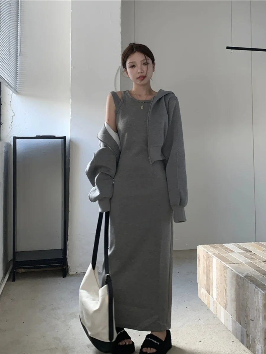 

plus Size Casual Grey Hoodie And Shorts Set Spring New Style Women's Fashion Ensemble High Waist A-Line Skirt Long Sleeve